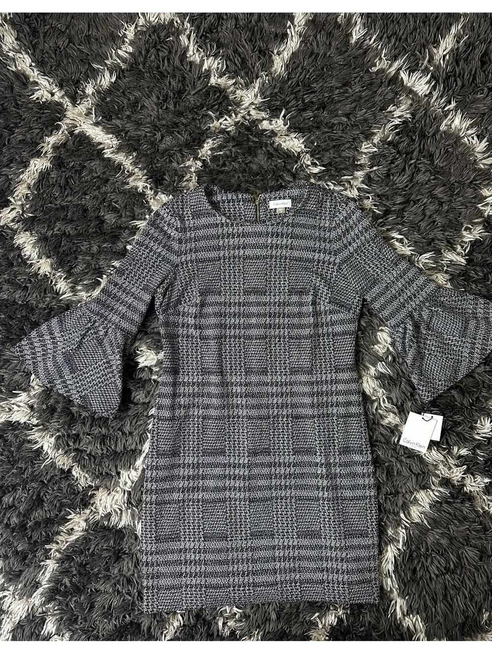 Calvin Klein Tweed Dress Size 10 NWT Black White Plaid Bell Sleeve Sheath Zip